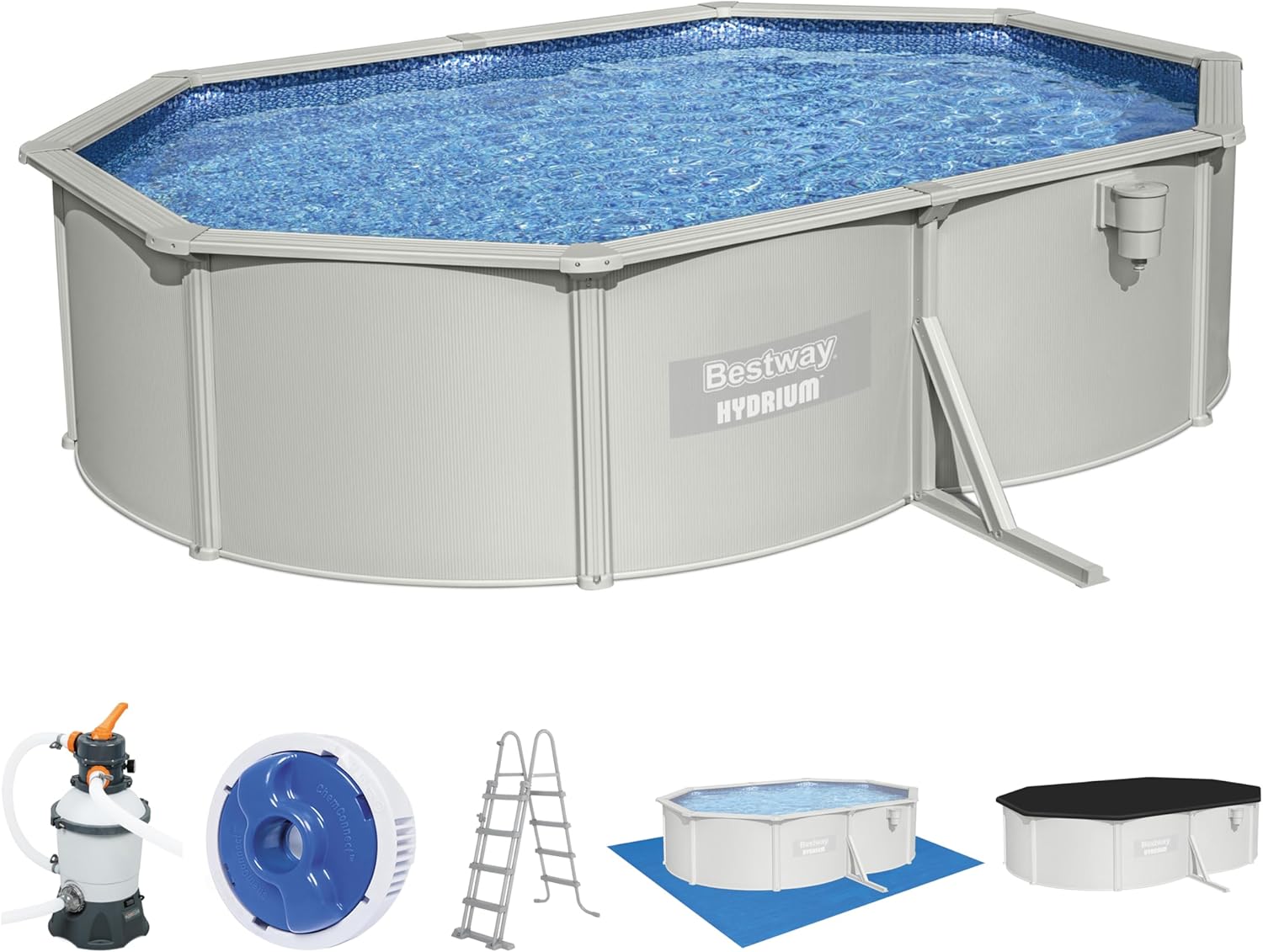 Bestway Hydrium Stahlwandpool Komplett-Set mit Sandfilteranlage 500 x 360 x 120 cm, grau, rund