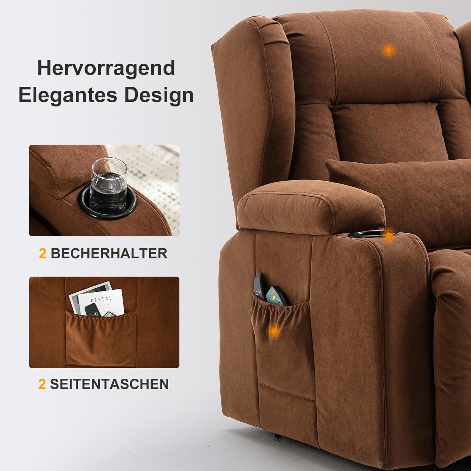 COMHOMA Elektrischer Relaxsessel, Wohnzimmer, Massage, TV, neigbar, Vibration, Stehfunktion, verstellbare Rückenlehne mit Fußstütze und Getränkehalter, brauner Stoff