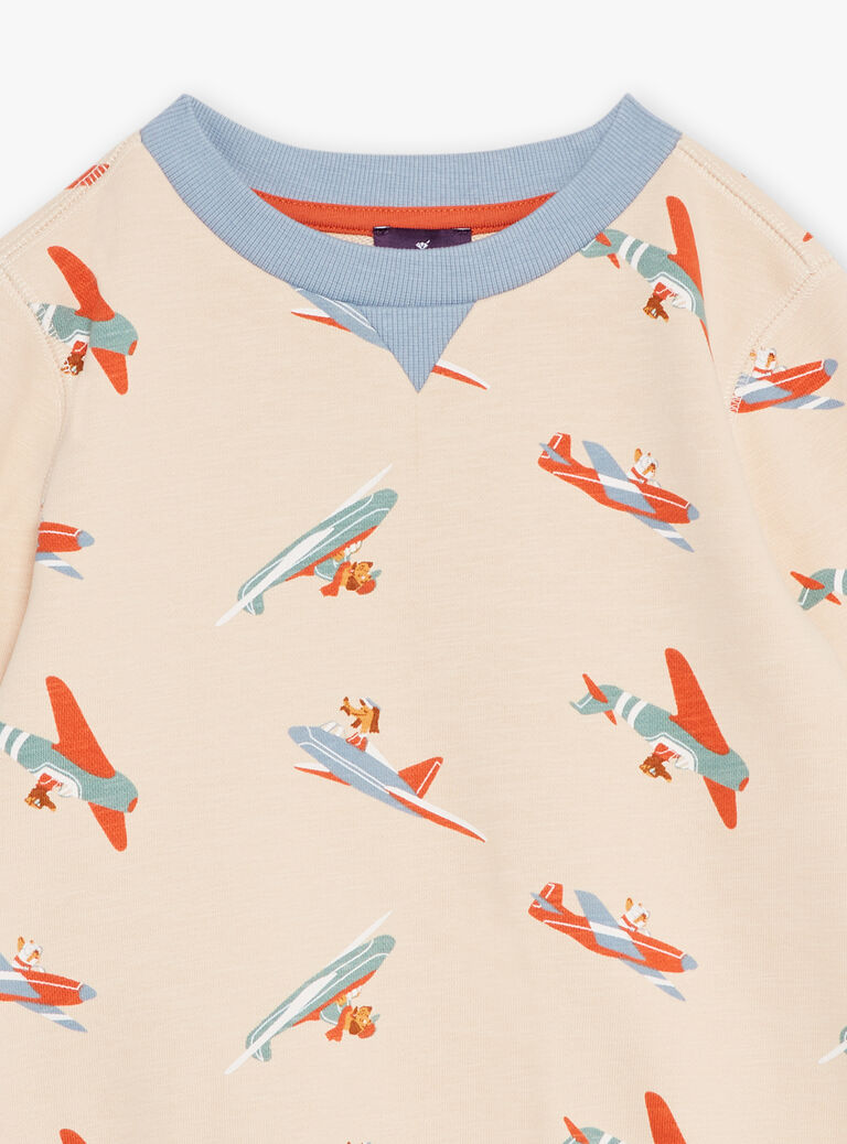 Sweat beige clair en molleton à imprimé avions