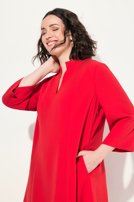 Midikleid, Stehkragen, V-Ausschnitt, 3/4-Arm, Taschen