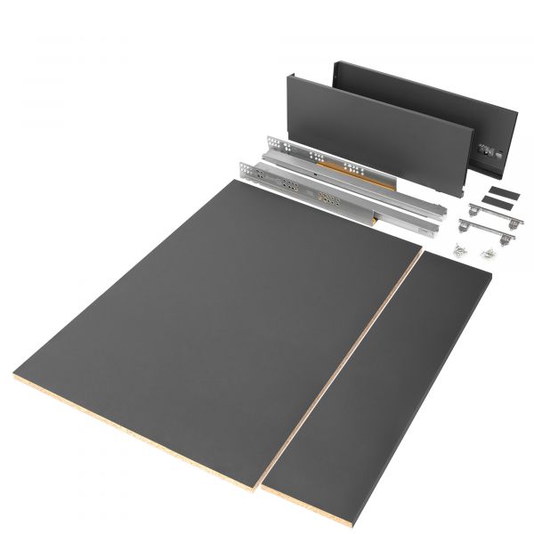 Emuca Kit de Gaveta Vertex Cozinha e Banho, Painéis Incluídos, Fecho Suave, 500x178mm, Módulo 900mm, Aço, Cinza Antracite - 3173535