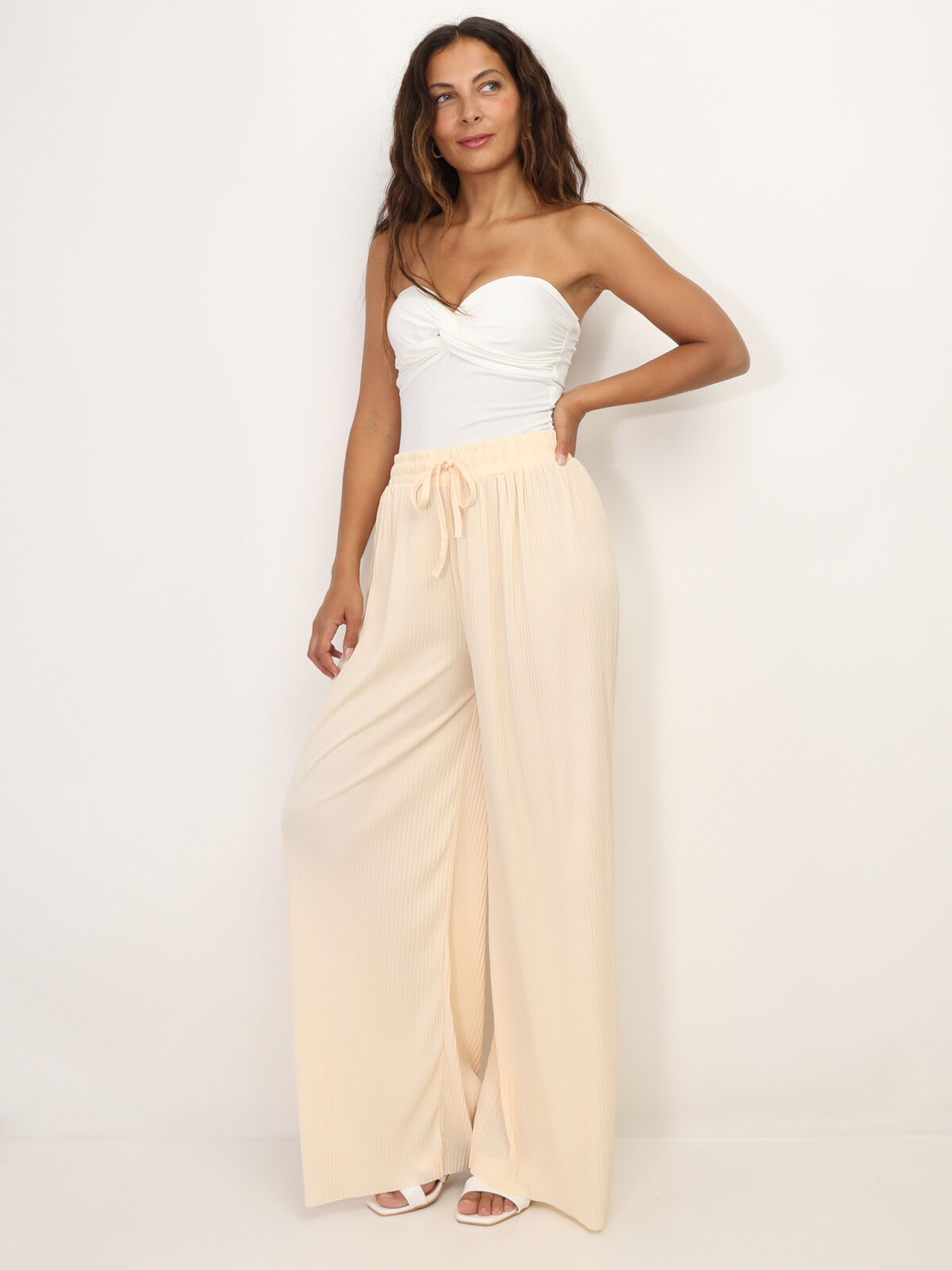 Pantalon large plissé- Beige