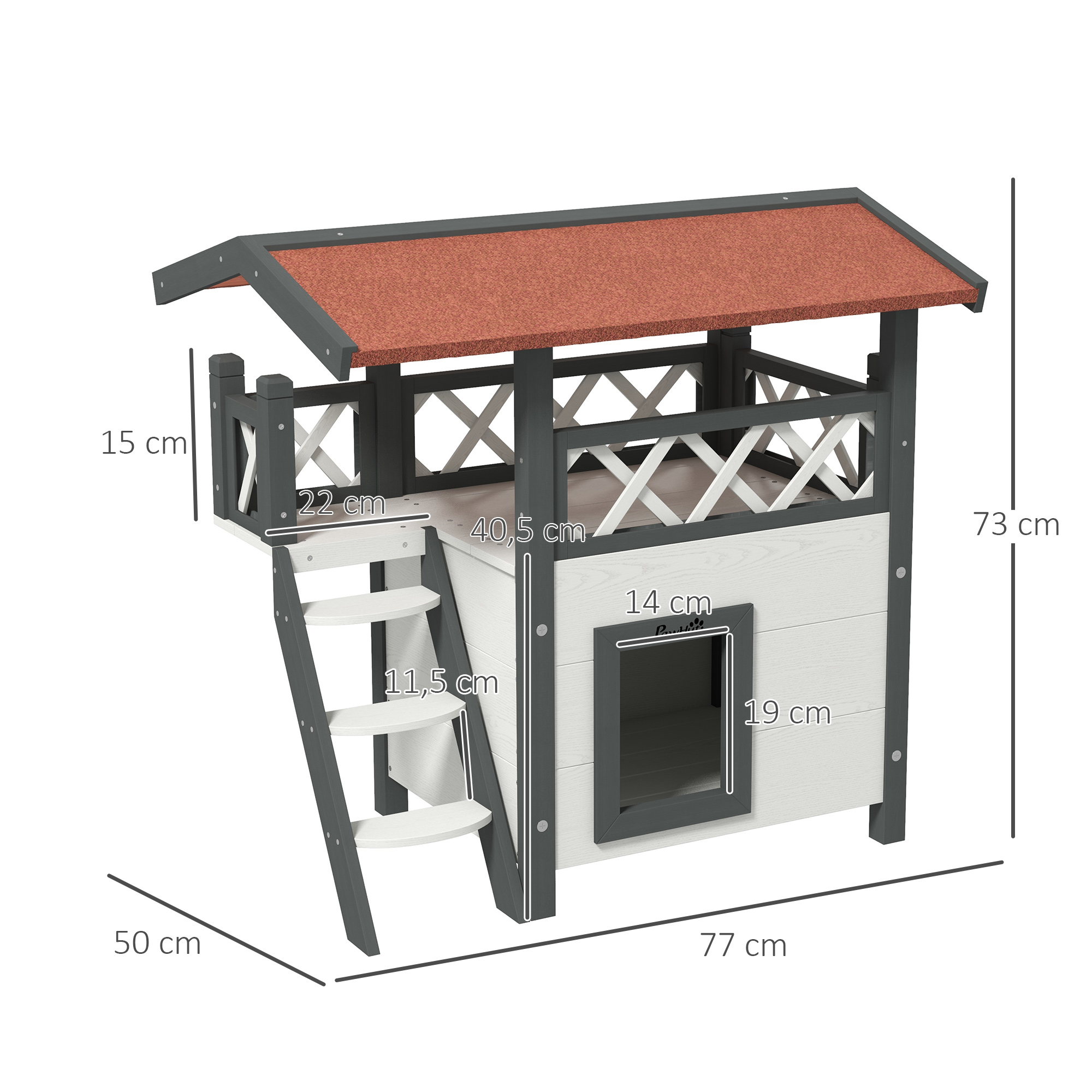 Casinha de madeira para gatos PawHut, 77x50x73 cm, 2 andares, com telhado de asfalto, escada e varanda para uso externo, branca.