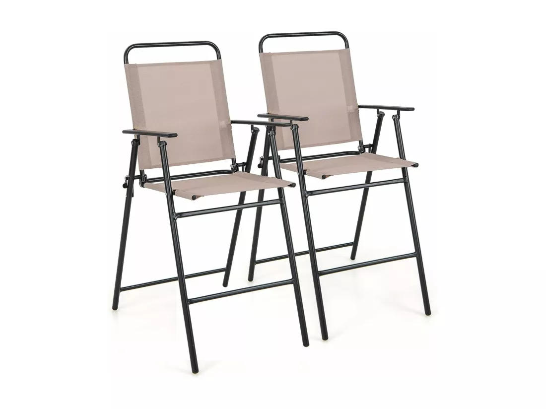 Lot de 2 Chaises de Jardin Pliantes avec Accoudoirs, Chaises d'Extérieur à Dossier Haut avec Cadre en Métal, Fauteuil de Jardin en Teslin Respirant pour Toutes Saisons, Charge 150KG(Beige)