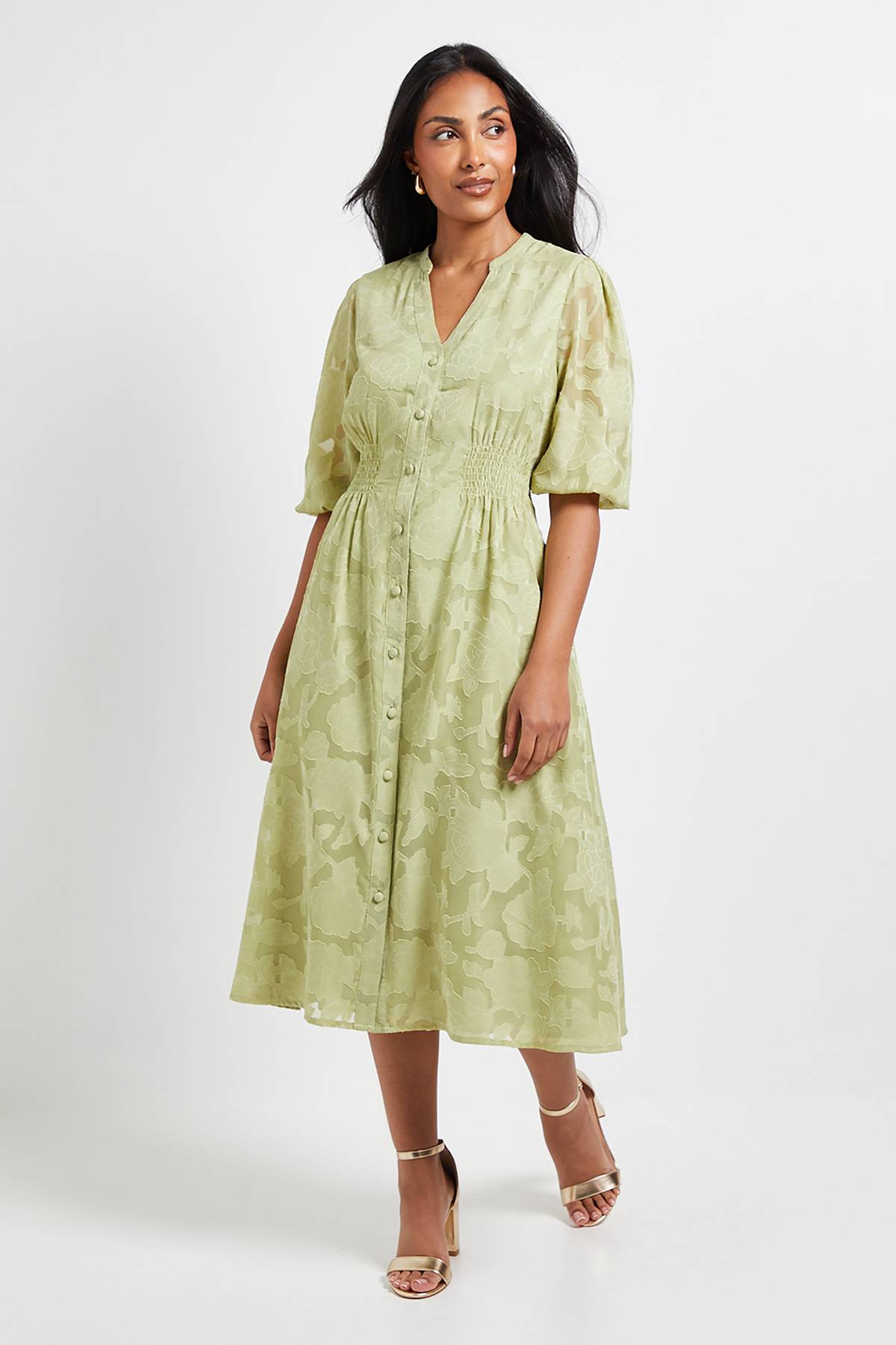 Wallis Robe Midi Boutonnée à Jacquard Floral Petite