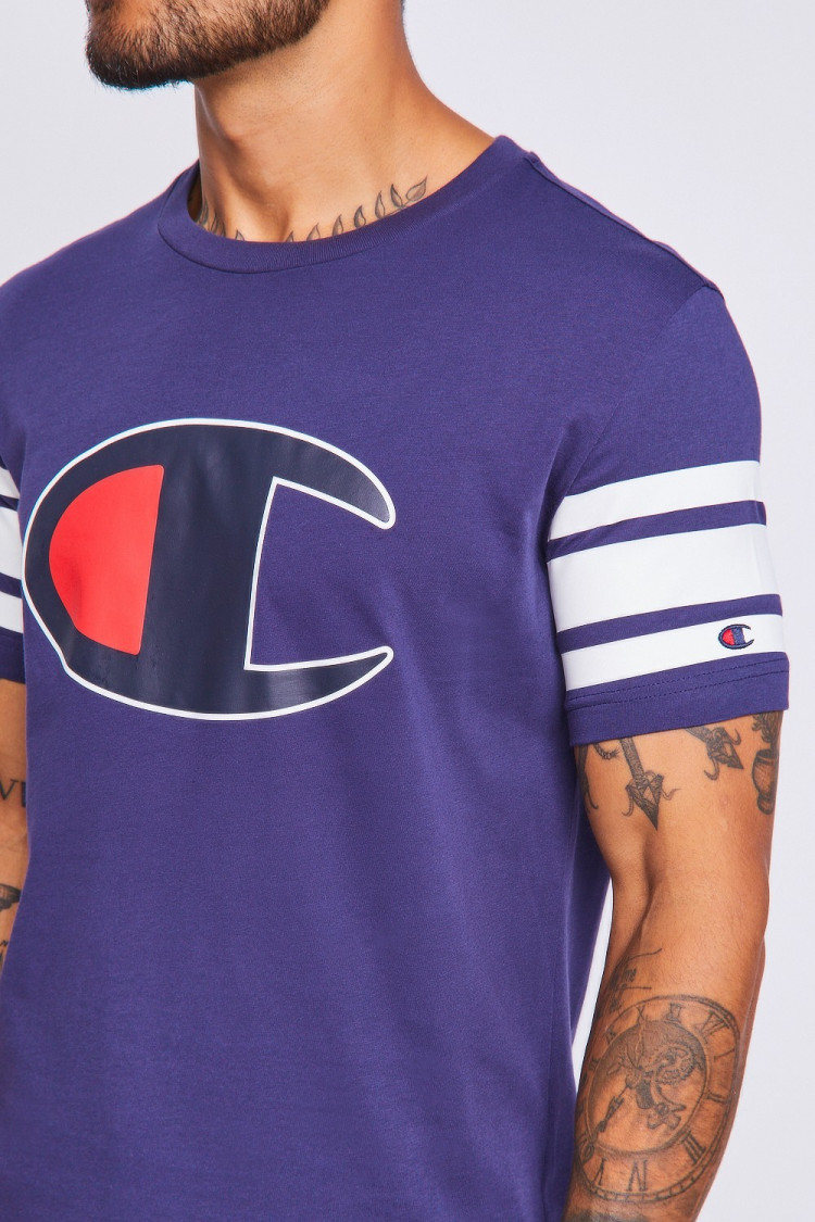 T-shirt Champion bleu à bandes blanches