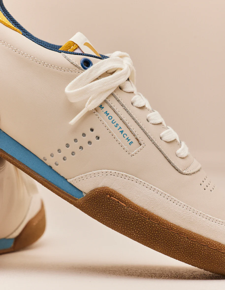 Baskets basses Anatole - Cuir écru moutarde bleu