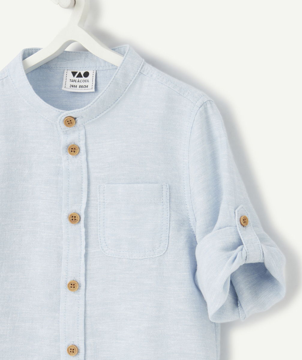 chemise bleu ciel bébé garçon avec col tunisien et poche