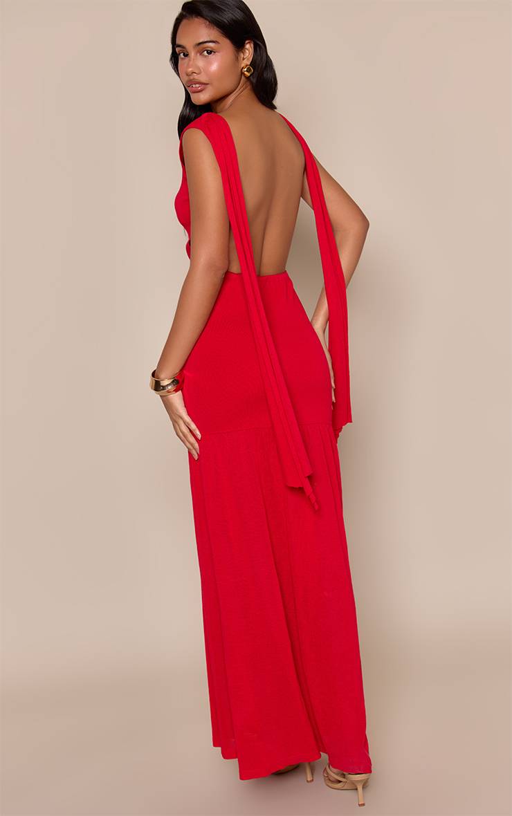 Rouge Robe Maxi Tricotée À Détail Foulard Avec Empiècement Transparent