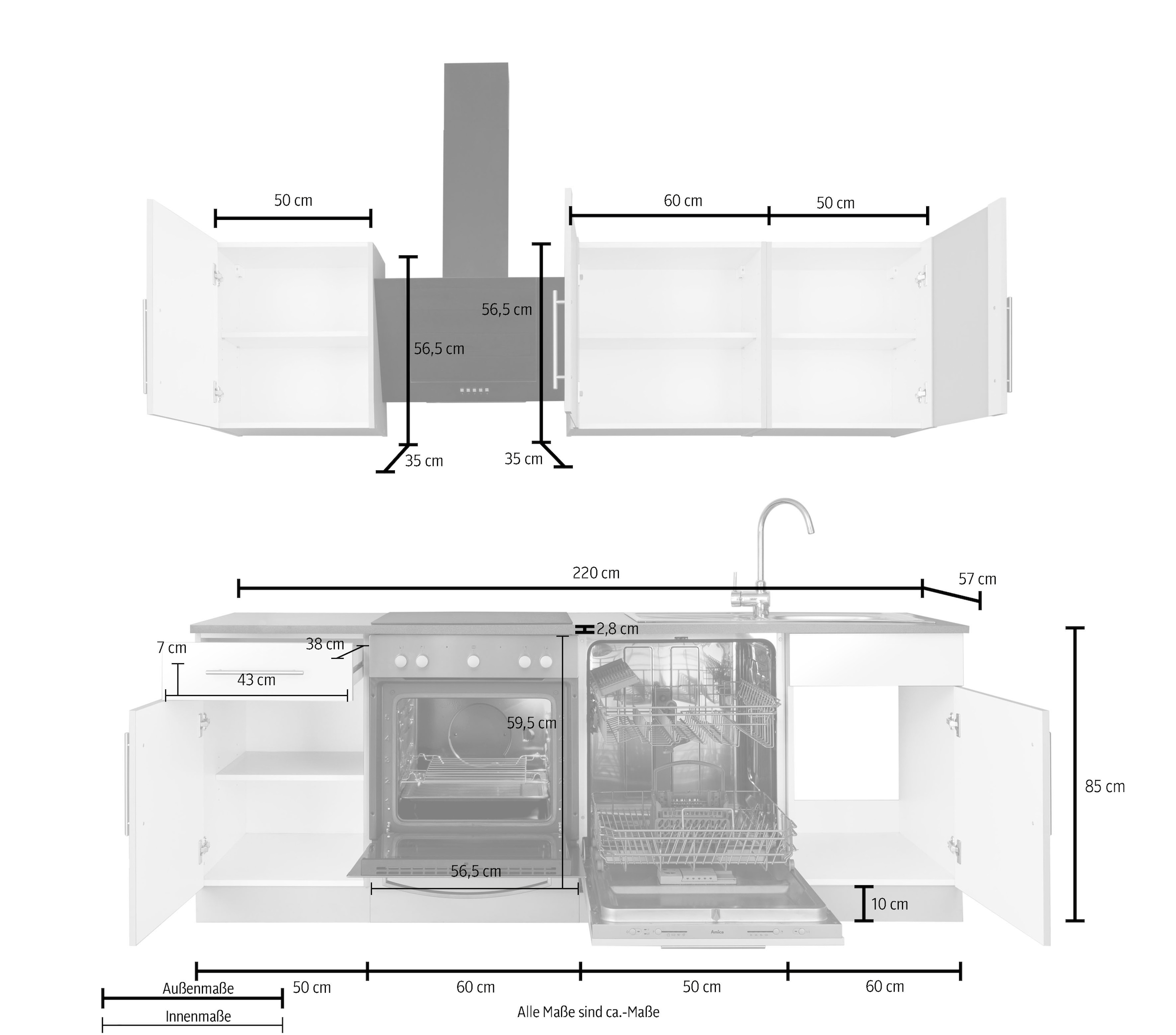 wiho Küchen Küchenzeile »Cali« ohne E-Geräte, Breite 220 cm