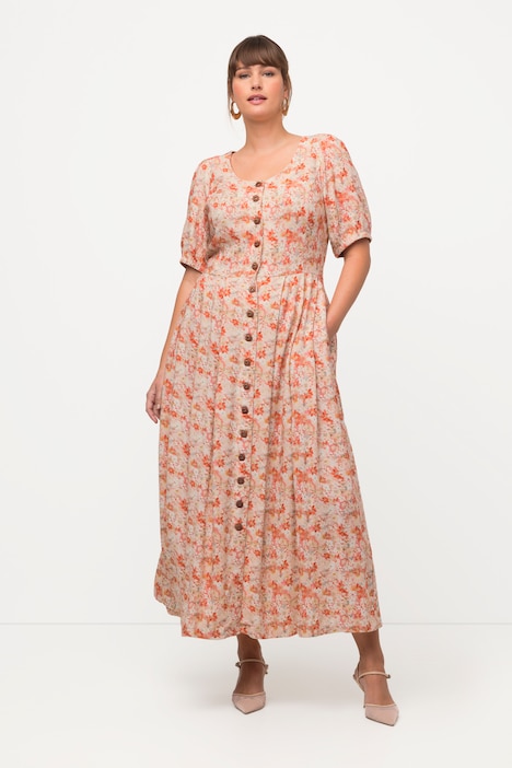 Trachtenkleid, Blüten, Rundhals, Halbarm, Leinenmix