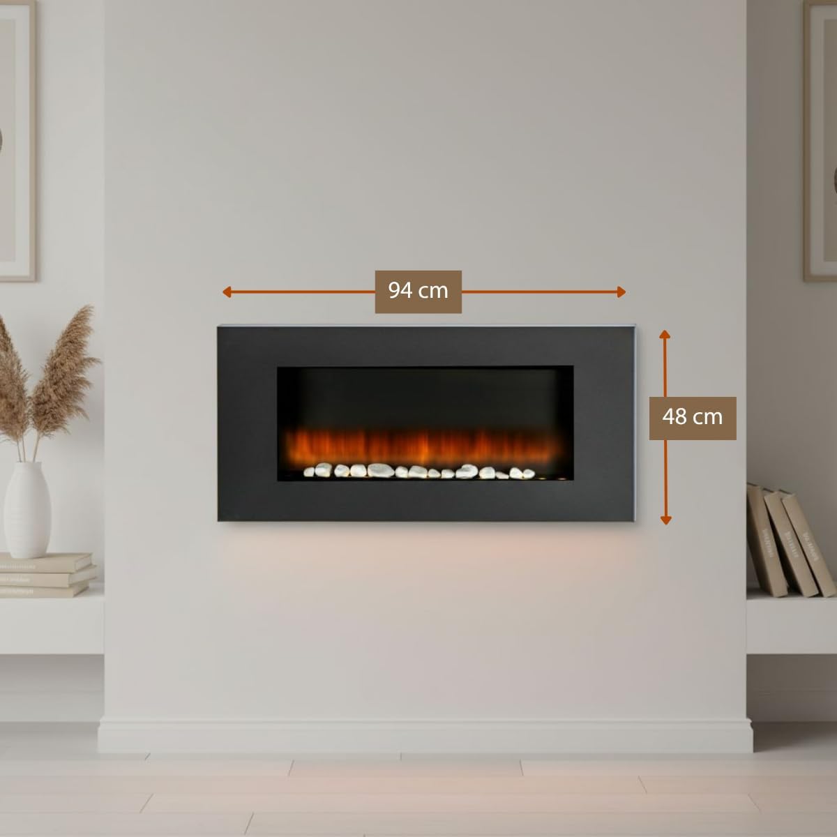 Vancouver Elektrokamin mit Heizung - Elektroheizung 105,5 x 48 x 12 cm - Elektroherd mit LED-Flammen - mit Heizung, Fernbedienung und Timer - 2000 W - Wandmontage - Schwarz