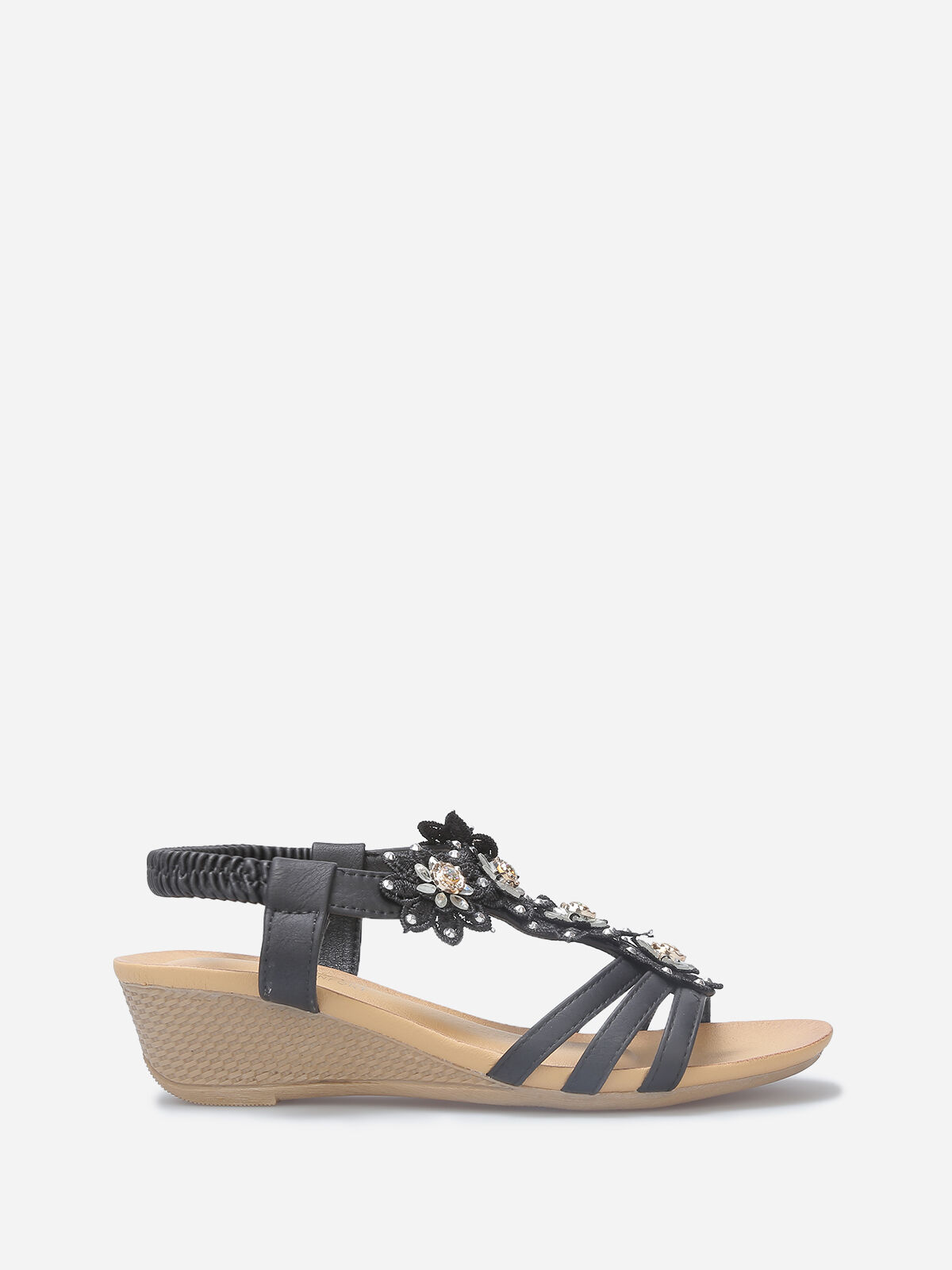 Sandales compensées à bride fleurs et strass- Noir