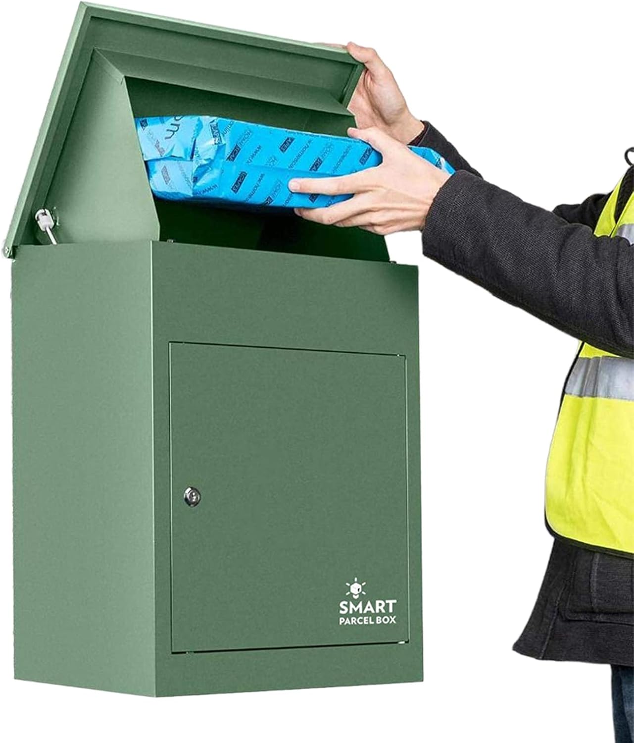SMART PARCEL BOX Paketbox, Paketbriefkasten Wandmontage, Briefkasten mit Paketfach, Postbox für Pakete Outdoor mittelgroß, Paketkasten rostfrei verzinkter Stahl, 3 Schlüssel, 44x35x58 cm, grün