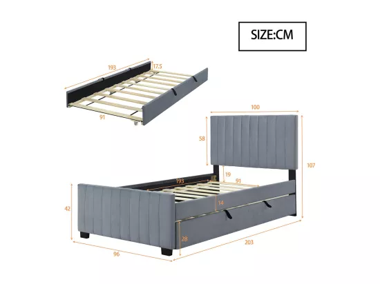 Lit gigogne 90x190 lit simple plat en velours doux pour la peau lit enfant Gris