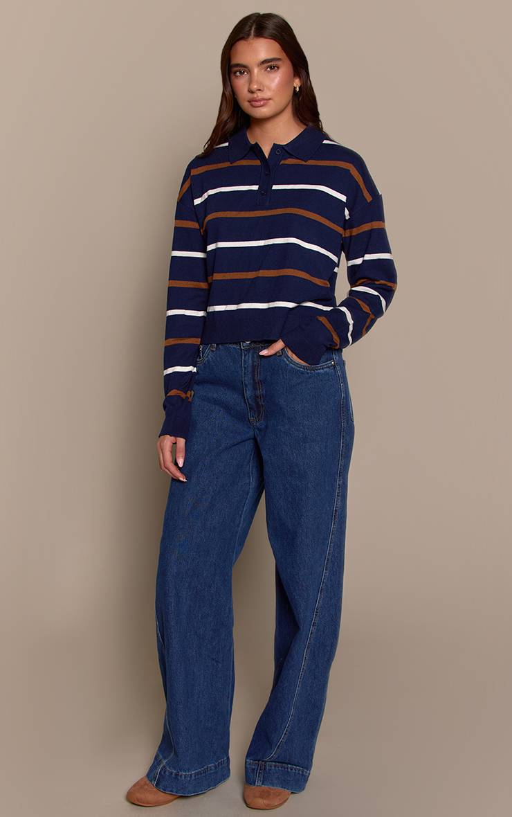Bleu Marine Polo En Maille Rayée À Manches Longues Style Rugby