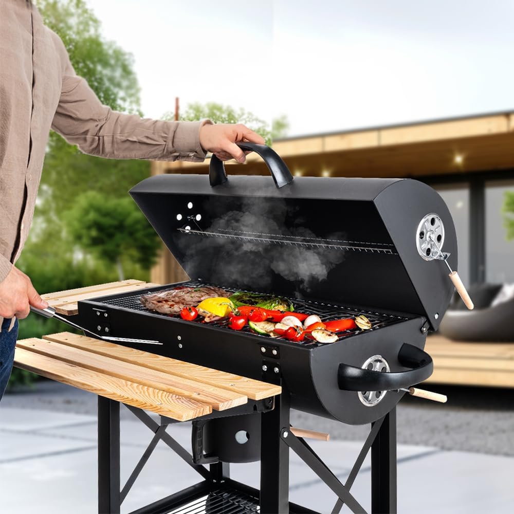 LEHMANN Holzkohlegrill mit Grillrost XL, Grillwagen mit 2 Holzeinlegeböden, Deckel, Rädern und nicht wärmender Griff, Kohlegrill für Garten, Terrasse, Camping