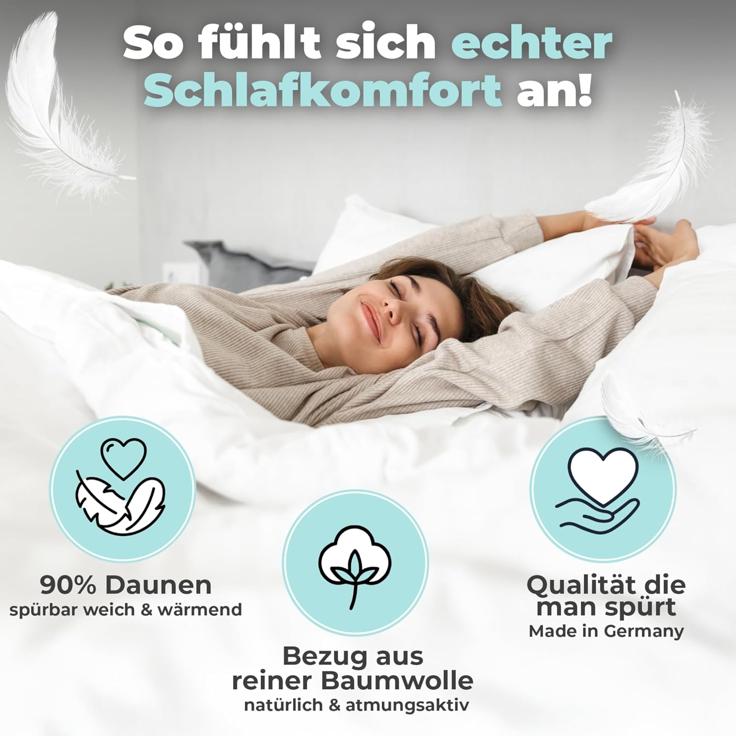 BEFA NATUR Daunendecke Ganzjahr 155x220 cm | 90% Daunen & 10% Federn | 790g Füllgewicht | Allergiker geeignet (NOMITE) | Tierwohl Zertifiziert (DOWNPASS) | Oeko-TEX Klasse 1 | Made in Germany