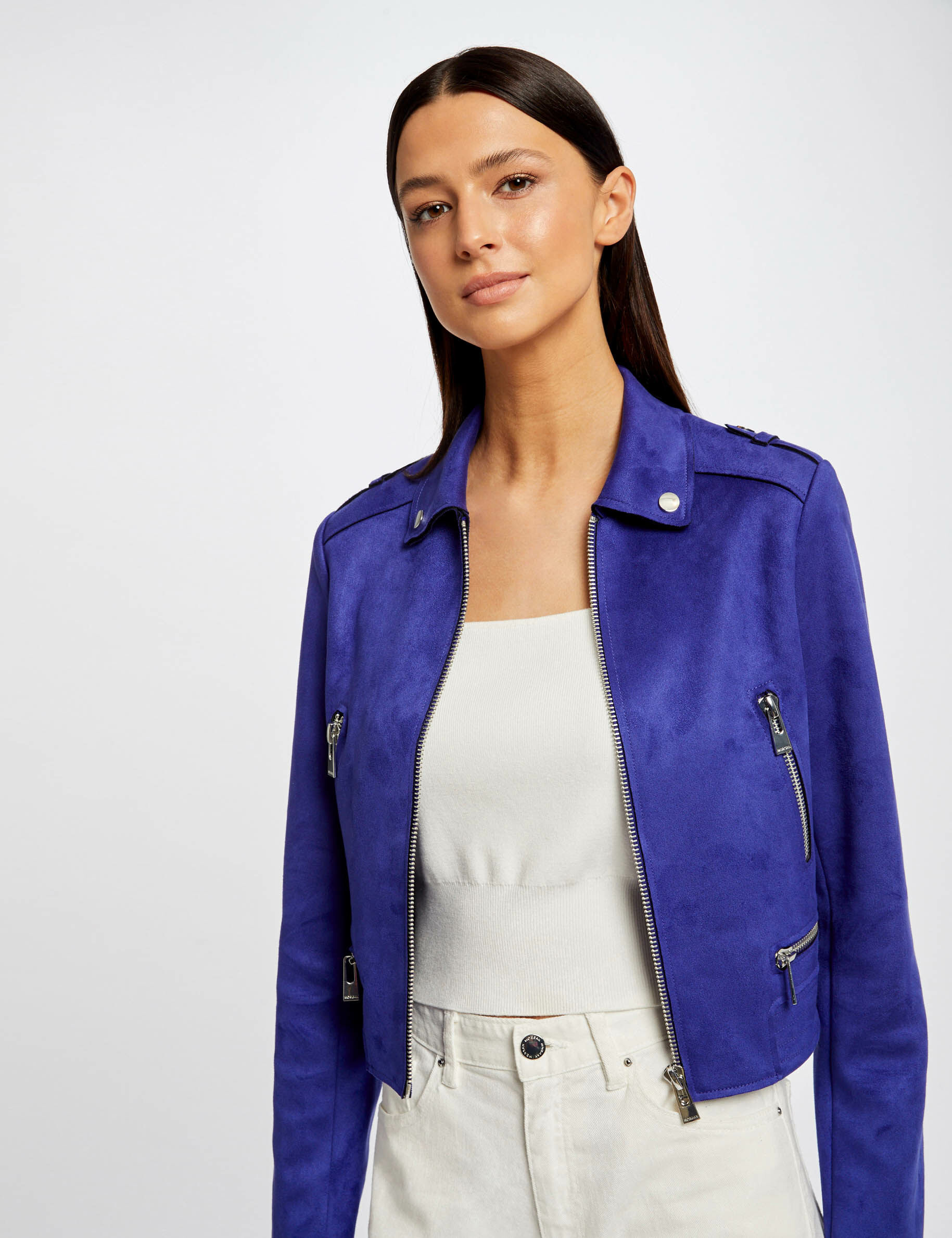 Blouson droit aspect suédine bleu moyen femme - bleu_moyen