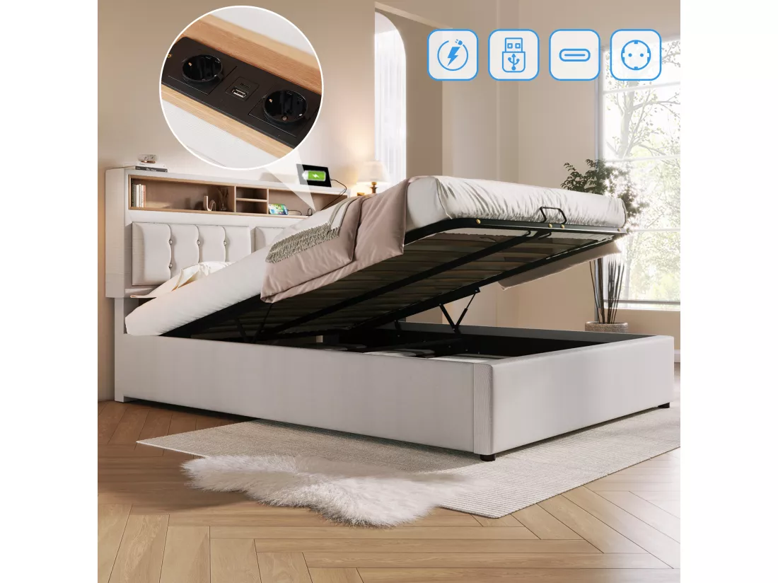Lit coffre 160x200 cm en tissu lin - tête de lit réglable avec prises - avec sommier à lattes - Beige