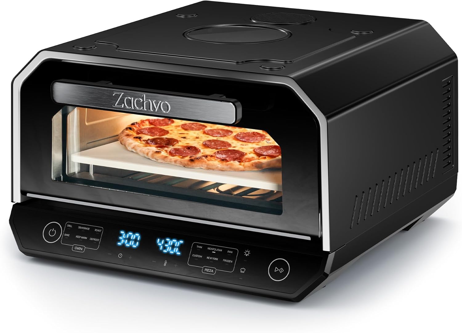 Pizzaofen Elektrisch, bis 450°C für 90-Sekunden-Neapolitanische Pizza, 13 Programme (6 Pizza- & 6 Kochmodi + Profi-Funktion), Doppelte Heizelemente, Pizzaschaufel & Pizzastein & Backblech