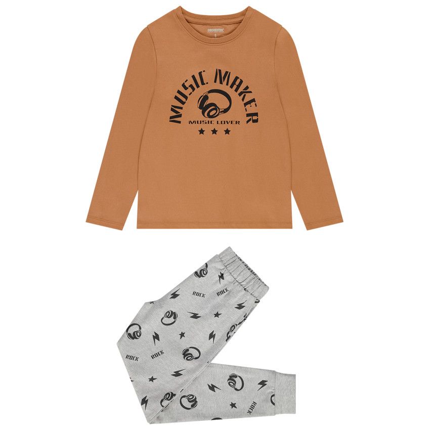 Pyjama 2 pièces en jersey imprimé musique pour garçon - Marron
