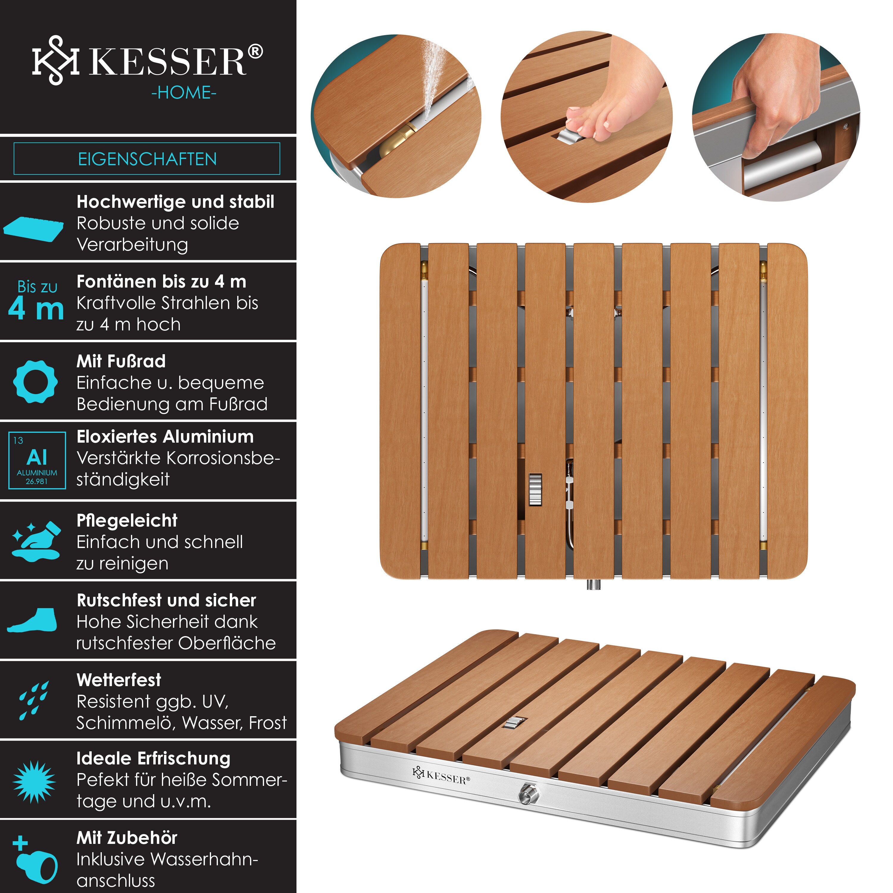 KESSER® Gartendusche Bodendusche Außendusche Saunadusche Campingdusche 70x55 cm Rechteck Fontänenhöhe bis 4 m einstellbar Mit Fußrad, Aluminium/WPC, rutschfeste Standfläche Wetterfest, Holzoptik