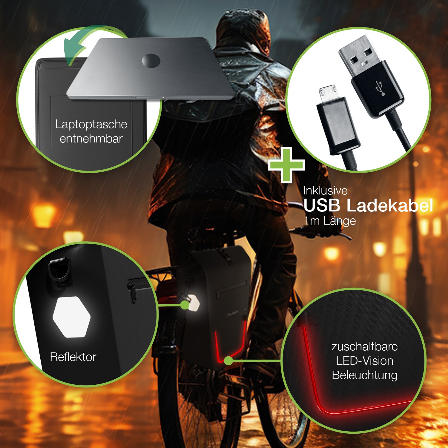 eloneo Fahrradtasche für Laptop wasserdicht mit LED, 25L
