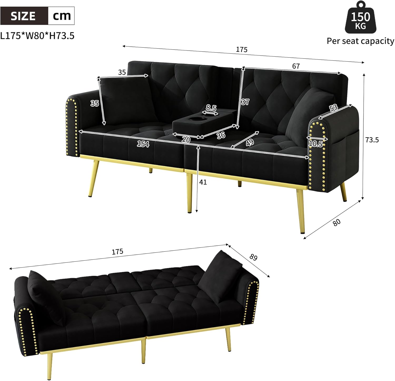 Doppelt ausklappbares Schlafsofa mit Liegefunktion, DREI verstellbaren Neigungswinkeln und Getränkehalter，für Wohnzimmer, Schlafzimmer, Heimkino oder Gästezimmer， Stoffbezug， Schwarz