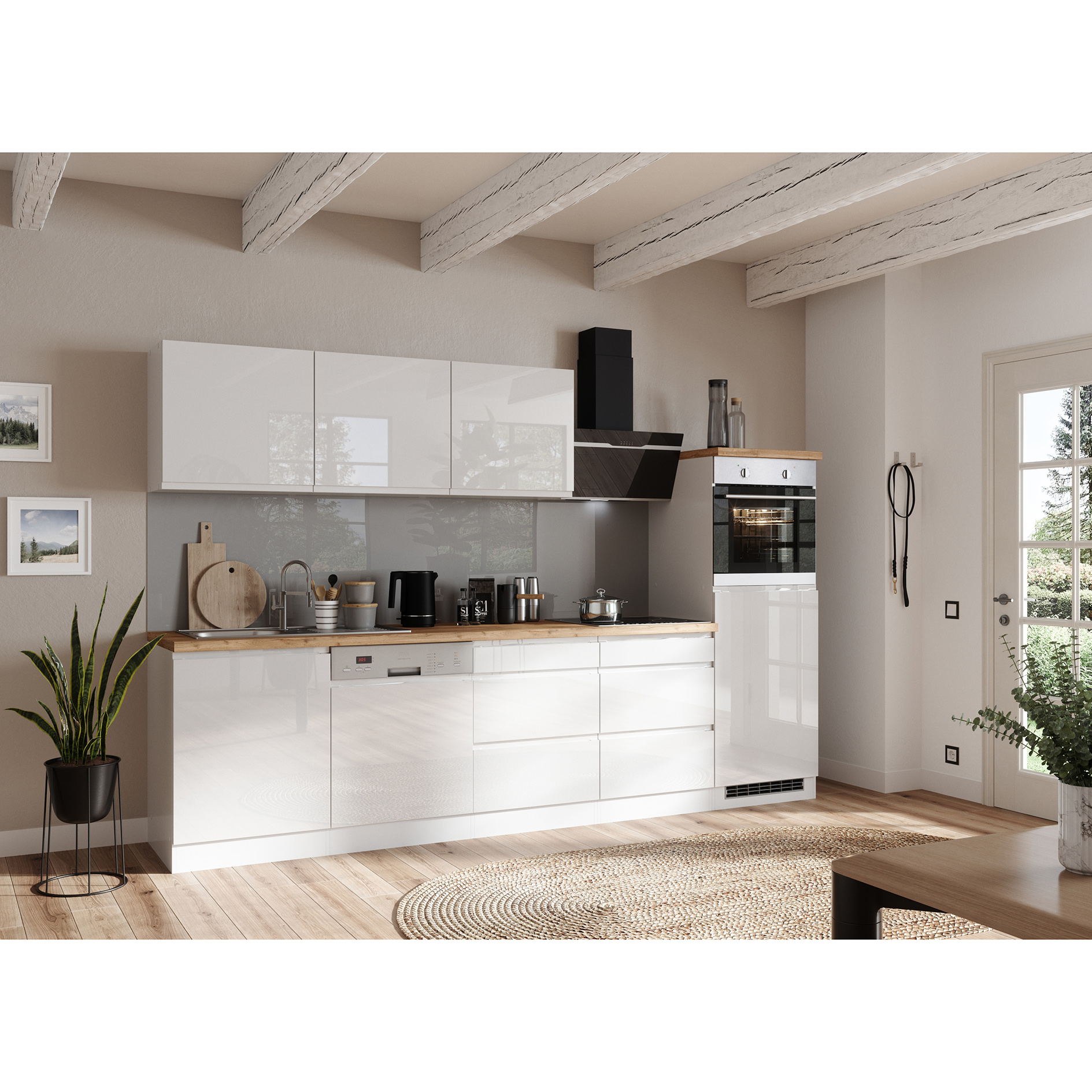 Küchenblock MONZA - weiß Hochglanz - Wotaneiche - mit E-Geräten - Glaskeramikkochfeld - 300 cm