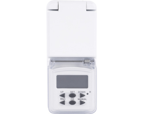 Digitale tijdschakelaar met LCD, geschikt voor buitengebruik tot 1800 W, IP44, wit