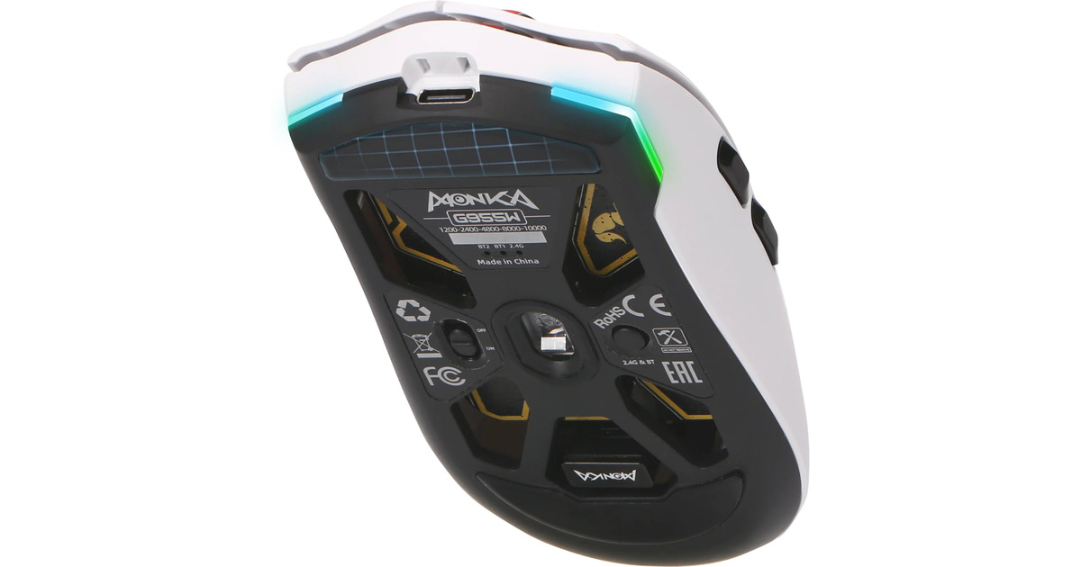MonkaGuru G995W gaming muis  (Wit/rood, 800 - 26.000 DPI, RGB, 2.4 GHz / Bluetooth / USB)