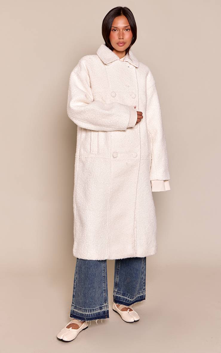 Ecru Manteau Maxi En Bouclé À Double Boutonnage
