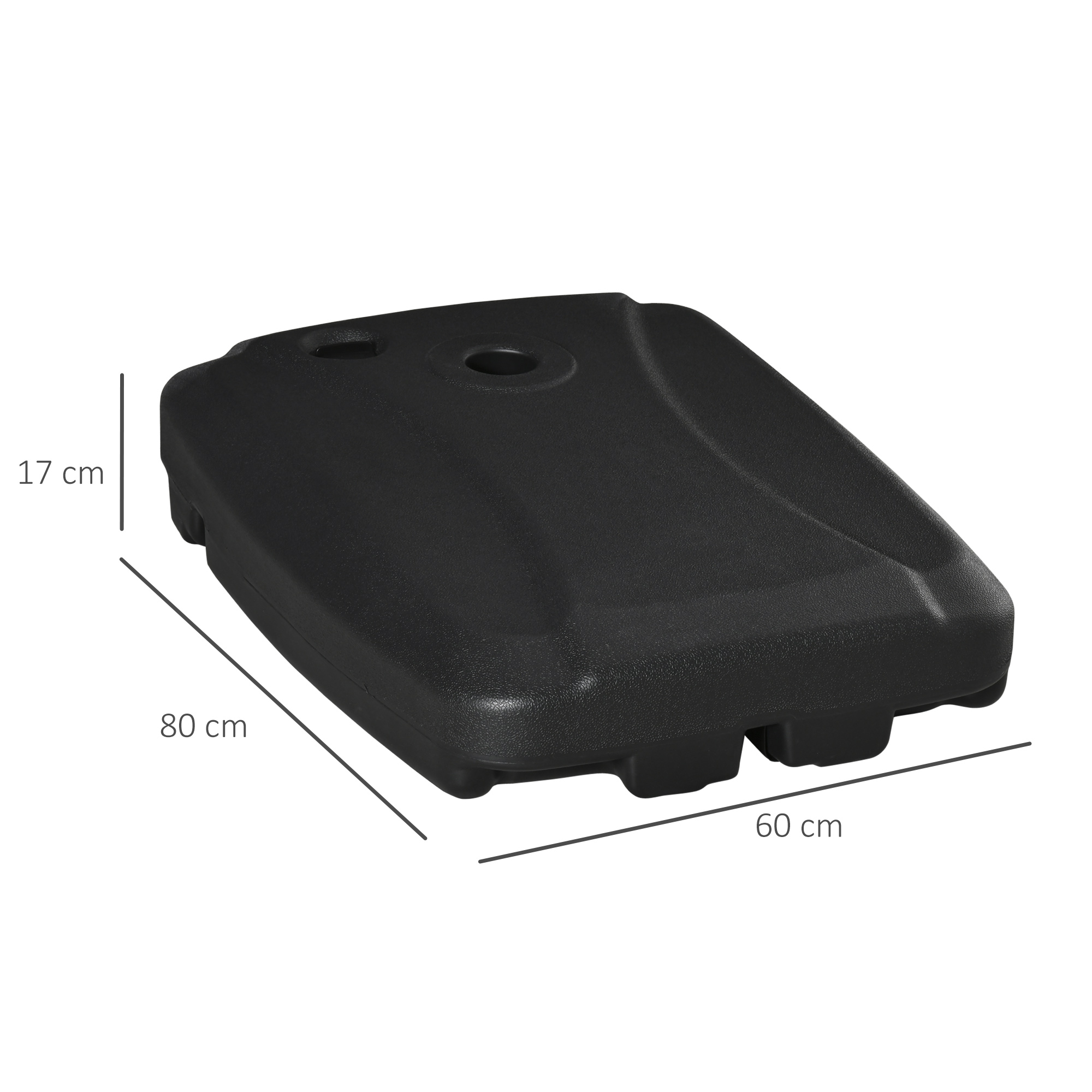 Base para guarda-sol Outsunny com 2 rodas, enchível com água (60 kg), areia (68 kg) ou uma mistura de ambos (75 kg), suporte em cruz para guarda-sol para jardim, pátio e terraço, 80x60x17 cm, preta.
