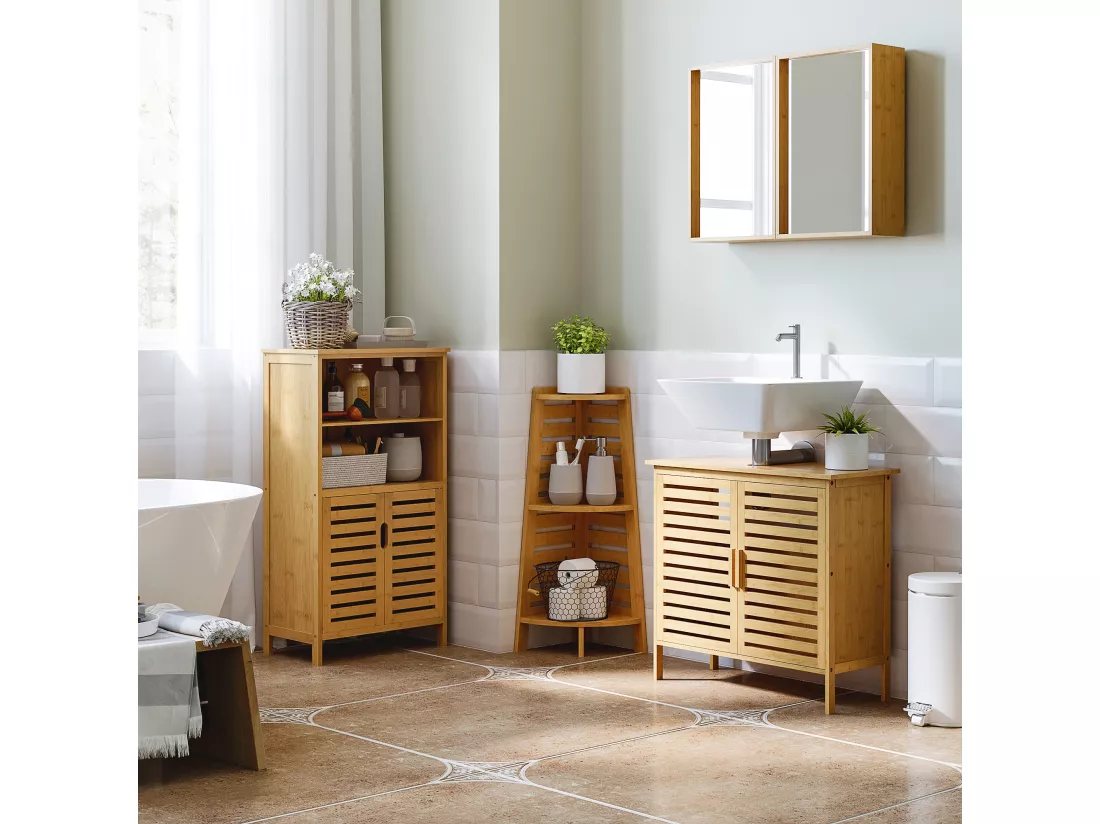 Meuble rangement bas salle de bain bambou style naturel 2 portes avec étagère 2 niches bambou
