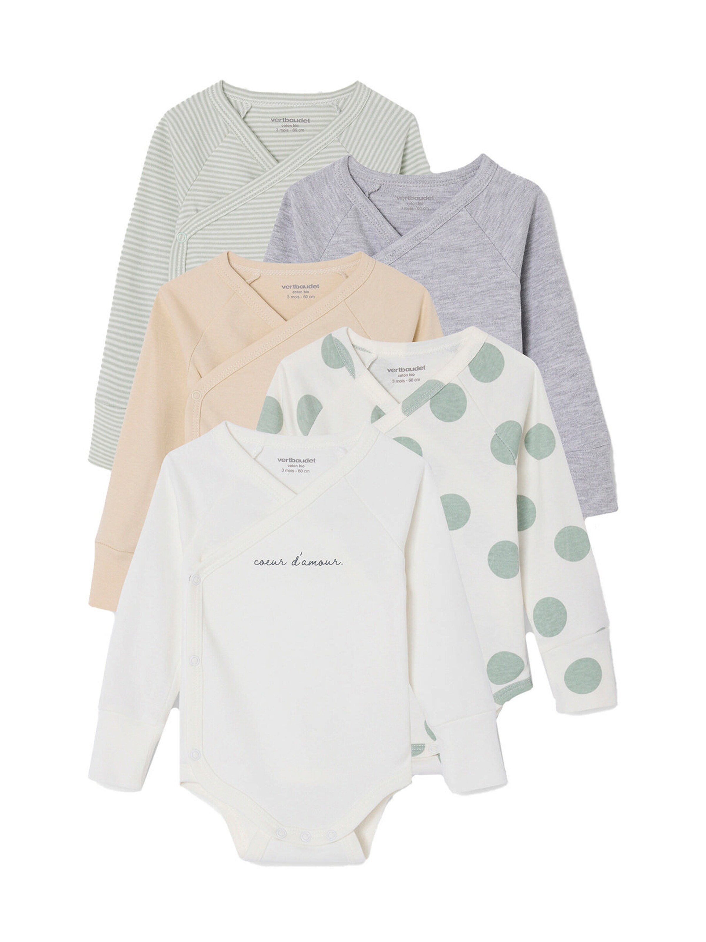 Vertbaudet Bio-Kollektion: 5er-Pack mitwachsende Baby Wickelbodys, Langarm salbeigrün