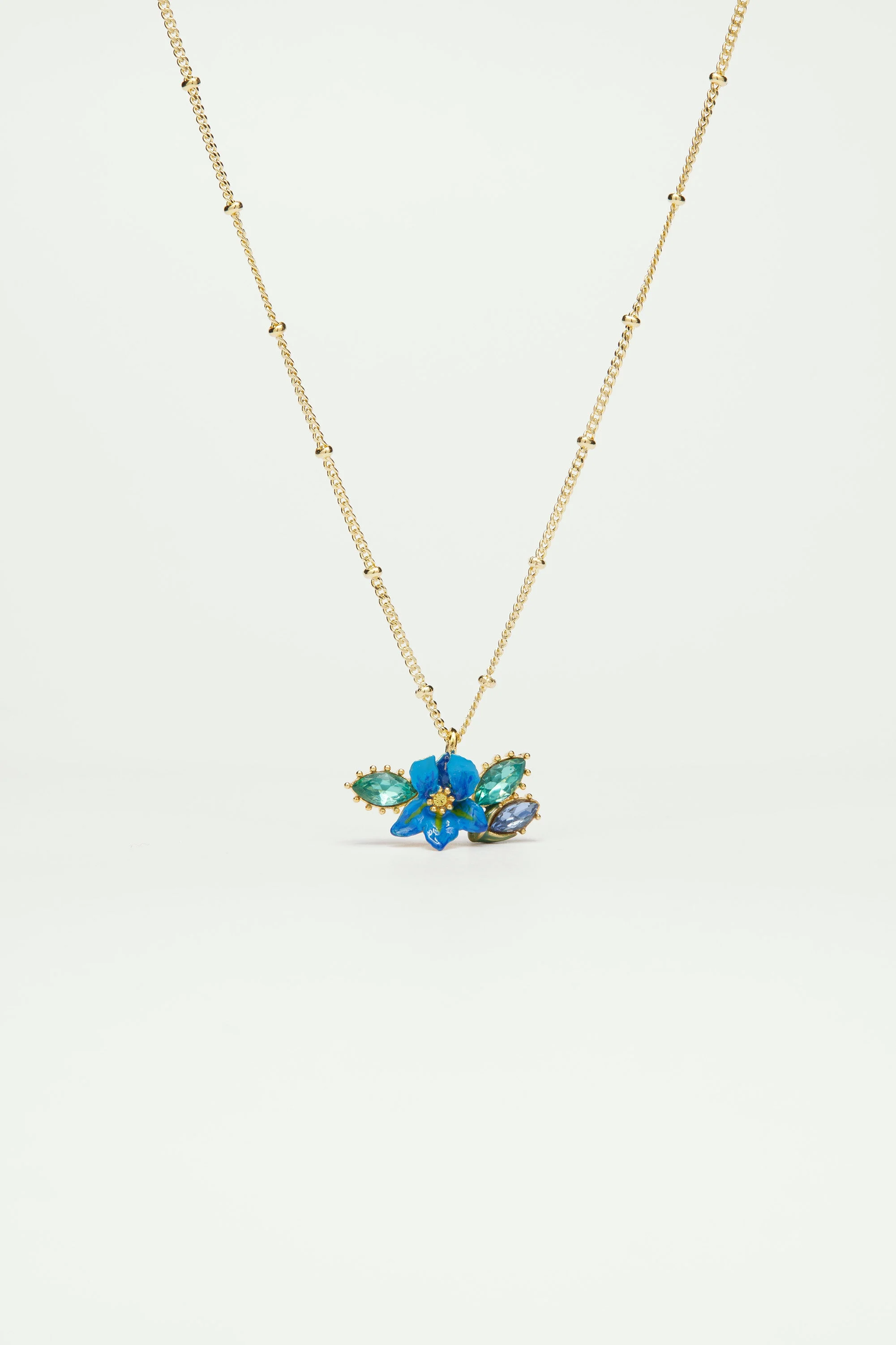 Collier pendentif iris de sibérie et verre facetté | Bleu