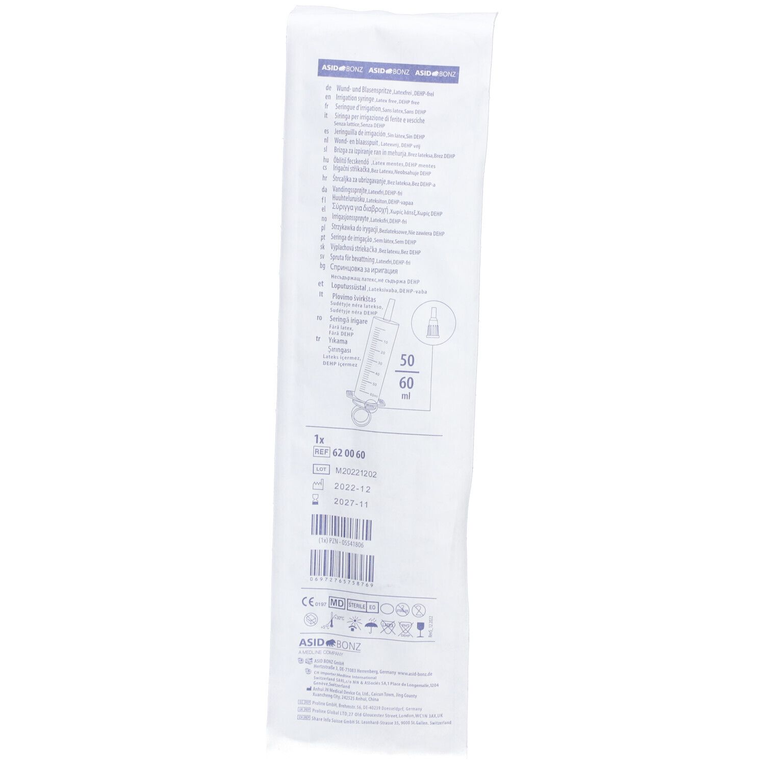 Asid Bonz Wund-/ Blasenspritze 50/60 ml steril, gerader Katheteransatz