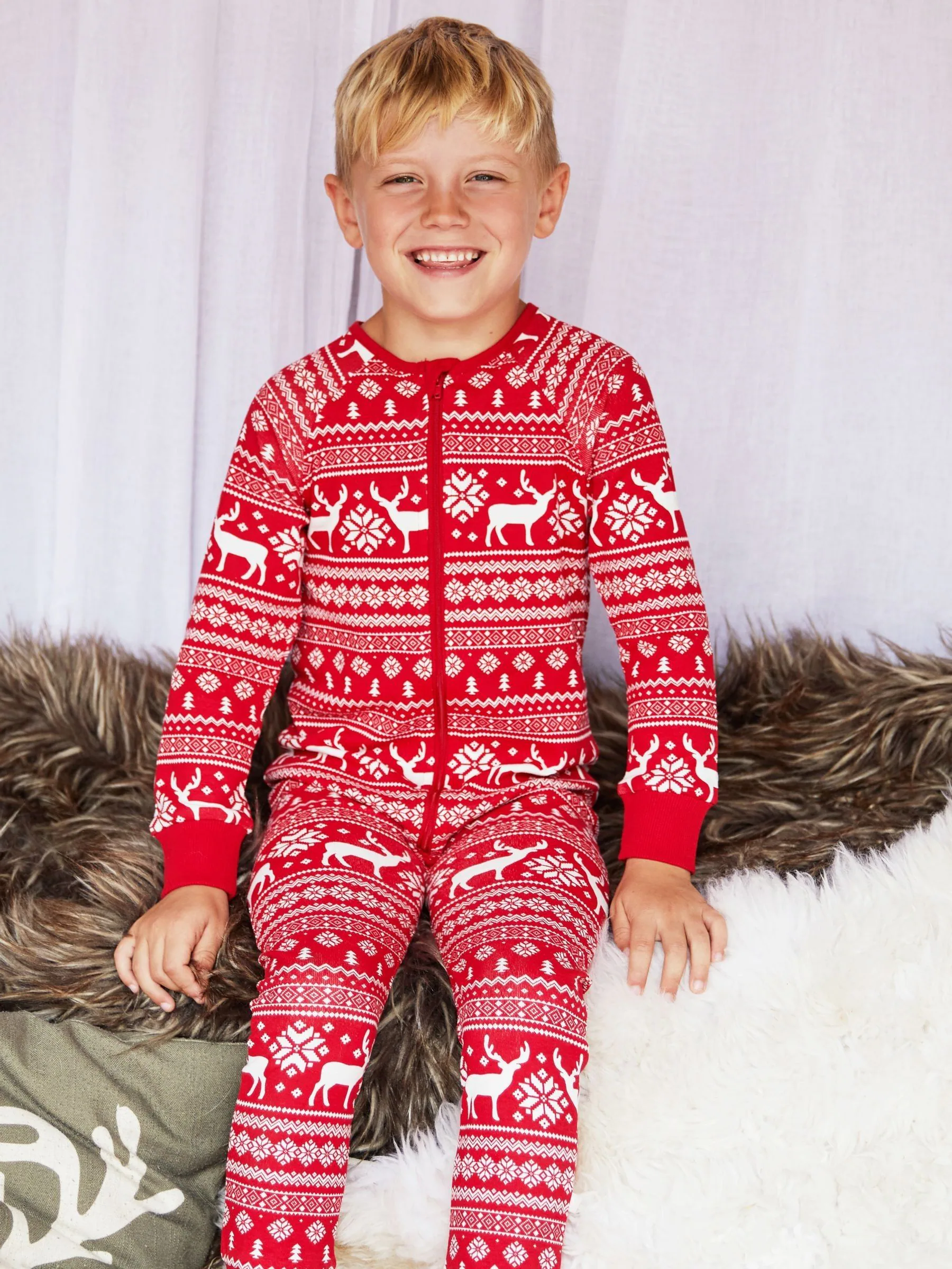 Rood - The Little Tailor Kids Rendier kerstmis fair isle-patroon 100% katoen alles-in-één