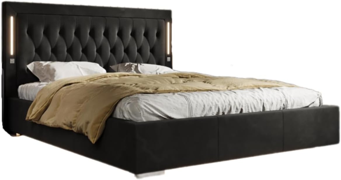Designer Polsterbett Relina 180x200 inkl. RGB-Beleuchtung, USB-Anschluss und Stauraum | Bezug: Samt | Farbe: Schwarz