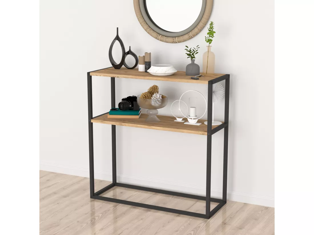 Table console Hemsedal avec surface de stockage 90 x 90 x 33,5 cm effet chêne [en.casa]