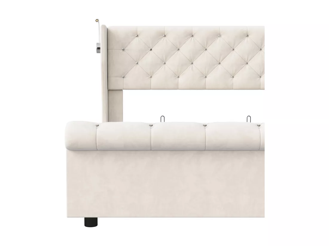 Lit coffre 140x190cm avec rangements, avec tête de lit, liseuse avec chargement USB, sommier à lattes, cadre de lit, lit double style contemporain, Beige