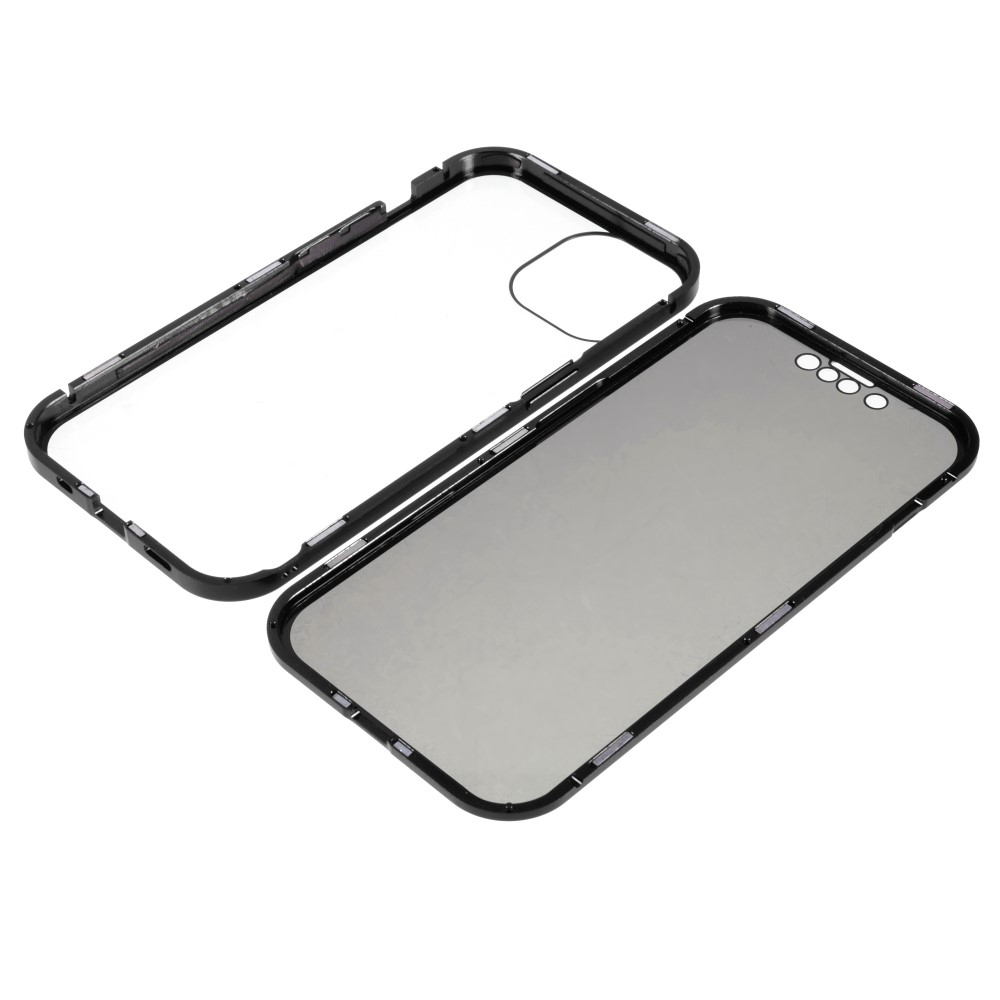 iPhone 14 Magnetische Alu Schutzhülle mit Panzer Glas Backcover   Privacy Glas Displayschutz (Magnet-Technologie) - Schwarz
