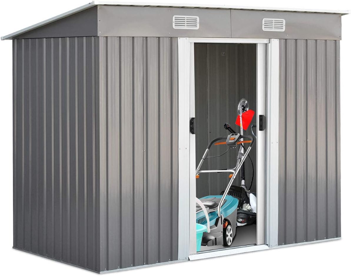 COSTWAY Gerätehaus Metall, Gartenhaus mit 2 Schiebetüren, Geräteschuppen Outdoor, Garten Schuppen mit Pultdach, Gartengerätehaus Geräteschrank, 238x131x181cm, Grau