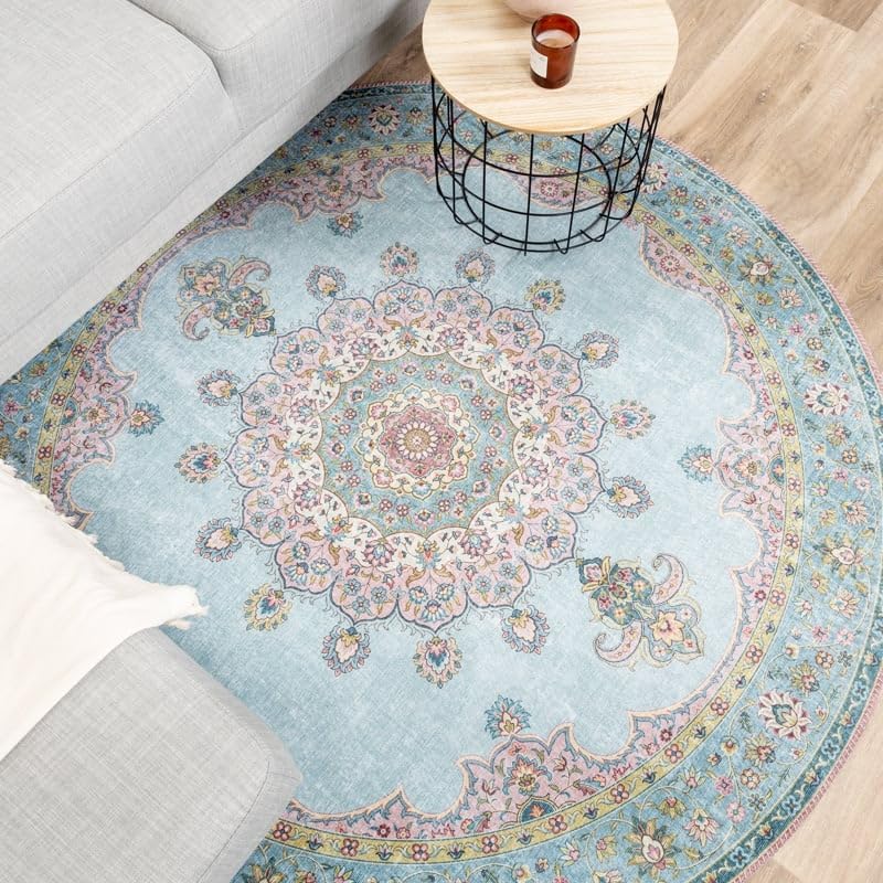 FRAAI | Home & Living Teppich Vintage Rund - Lily Medaillon Hellblau Türkis - Baumwolle, Polyester - Flachgewebe - Vintage - Wohnzimmer, Esszimmer, Schlafzimmer - Carpet