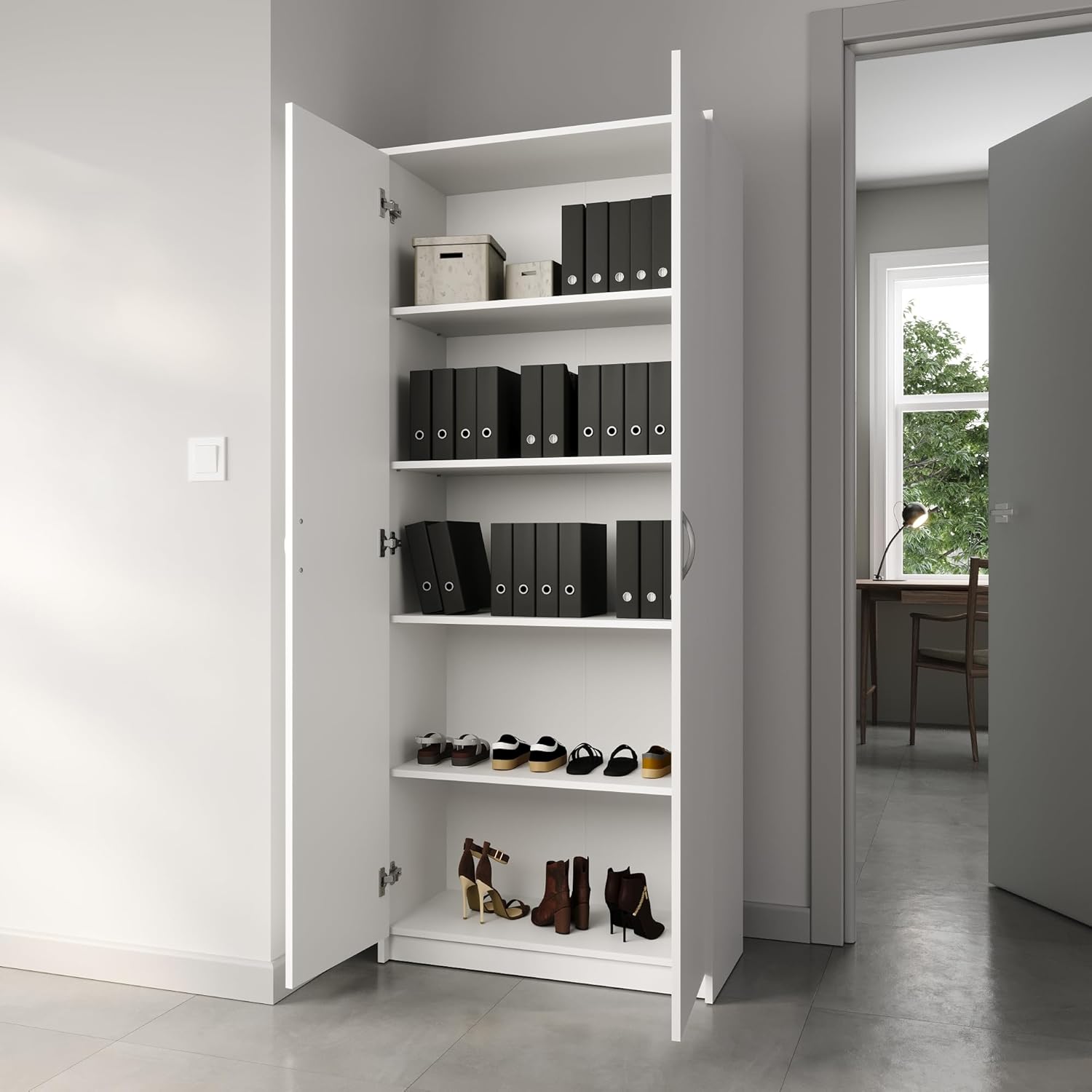 Home Collective Schrank Mehrzweckschrank Aktenschrank Hochschrank mit 5 Fächern, 2 Türen, 74x35x180 cm, vielseitig einsetzbar für Büro, Flur, Küche, Hauswirtschaftsraum, stabil & pflegeleicht | weiß