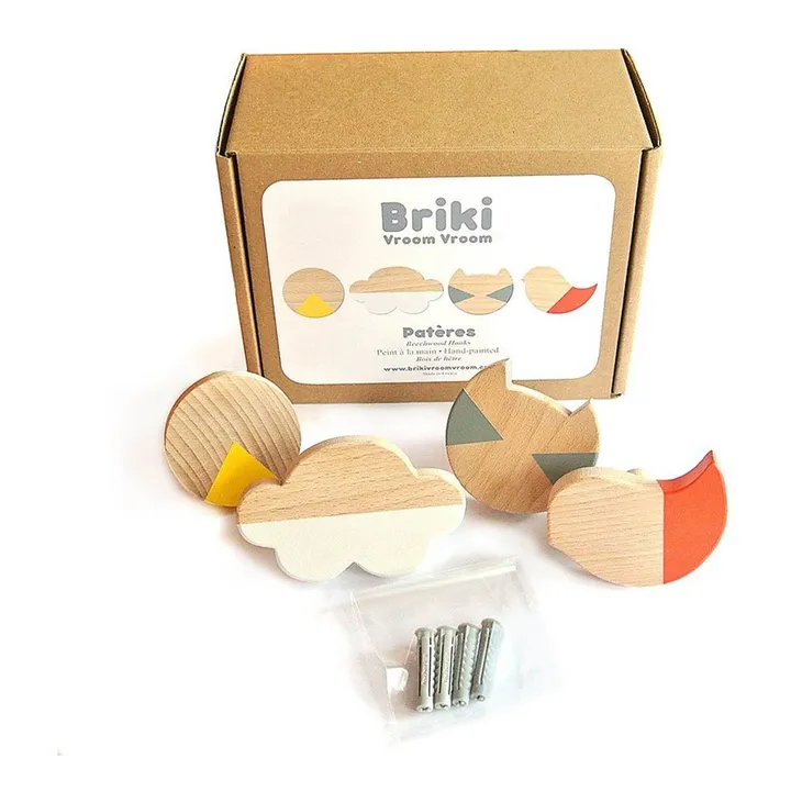 Briki Vroom Vroom Patères rond, nuage, chat, oiseau en bois peints - Lot de 4