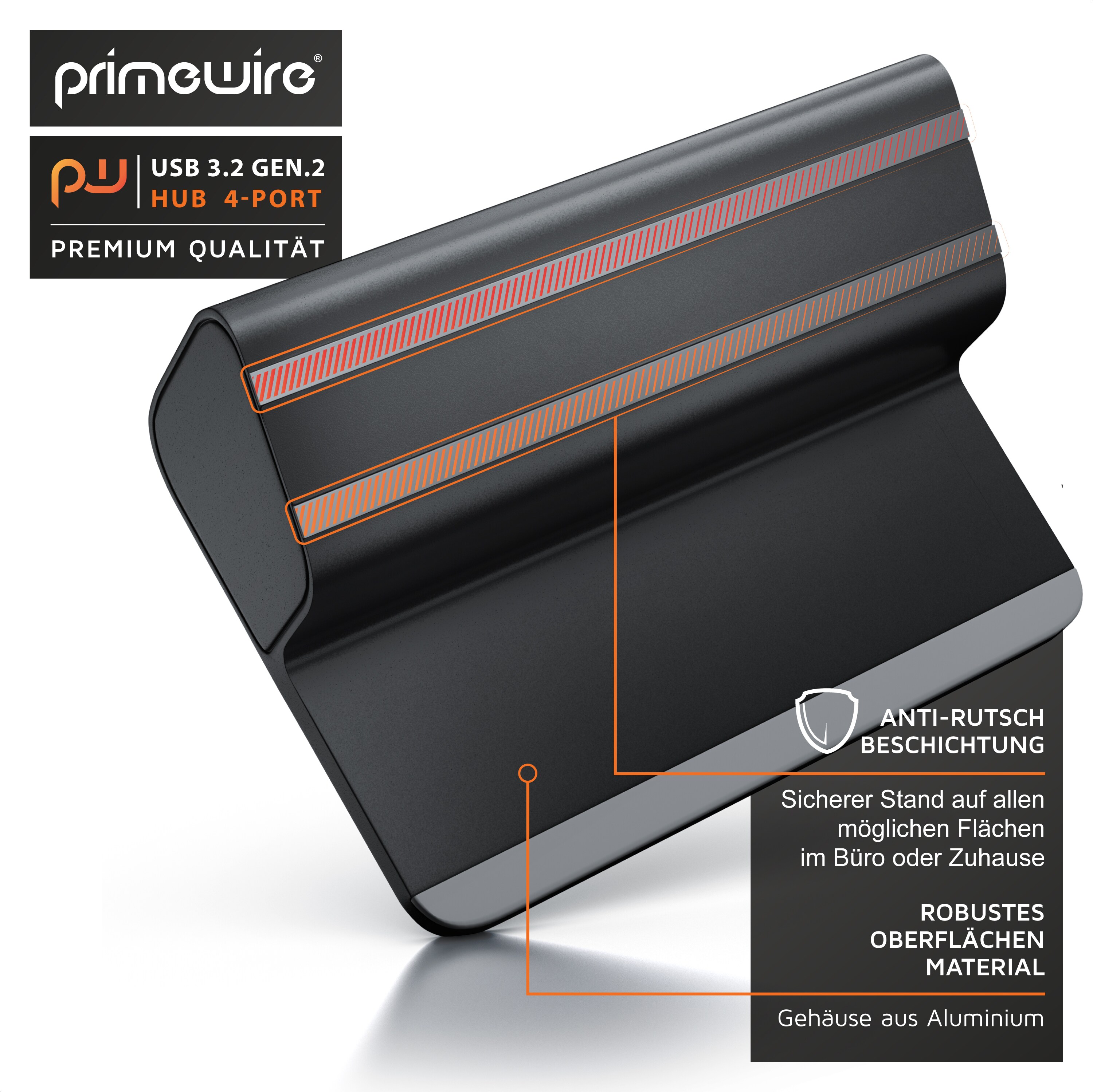 Primewire USB 3.2 Gen2 Hub, 4 Port Aktiver Verteiler mit Netzteil, 10 Gbit/s
