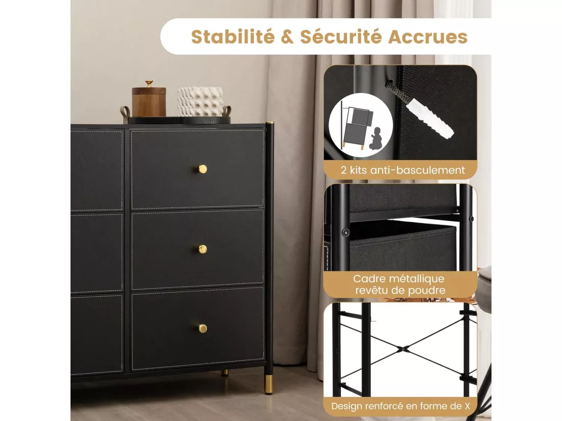 Commode Chambre, Commode Chambre Adulte 6 Tiroirs en Cuir PU et Tissu Pliable, Cadre en Métal, Chiffonnier Moderne avec Poignée Doré, Commode Rangement pour Salon, Entrée, Noir (6 Tiroirs)
