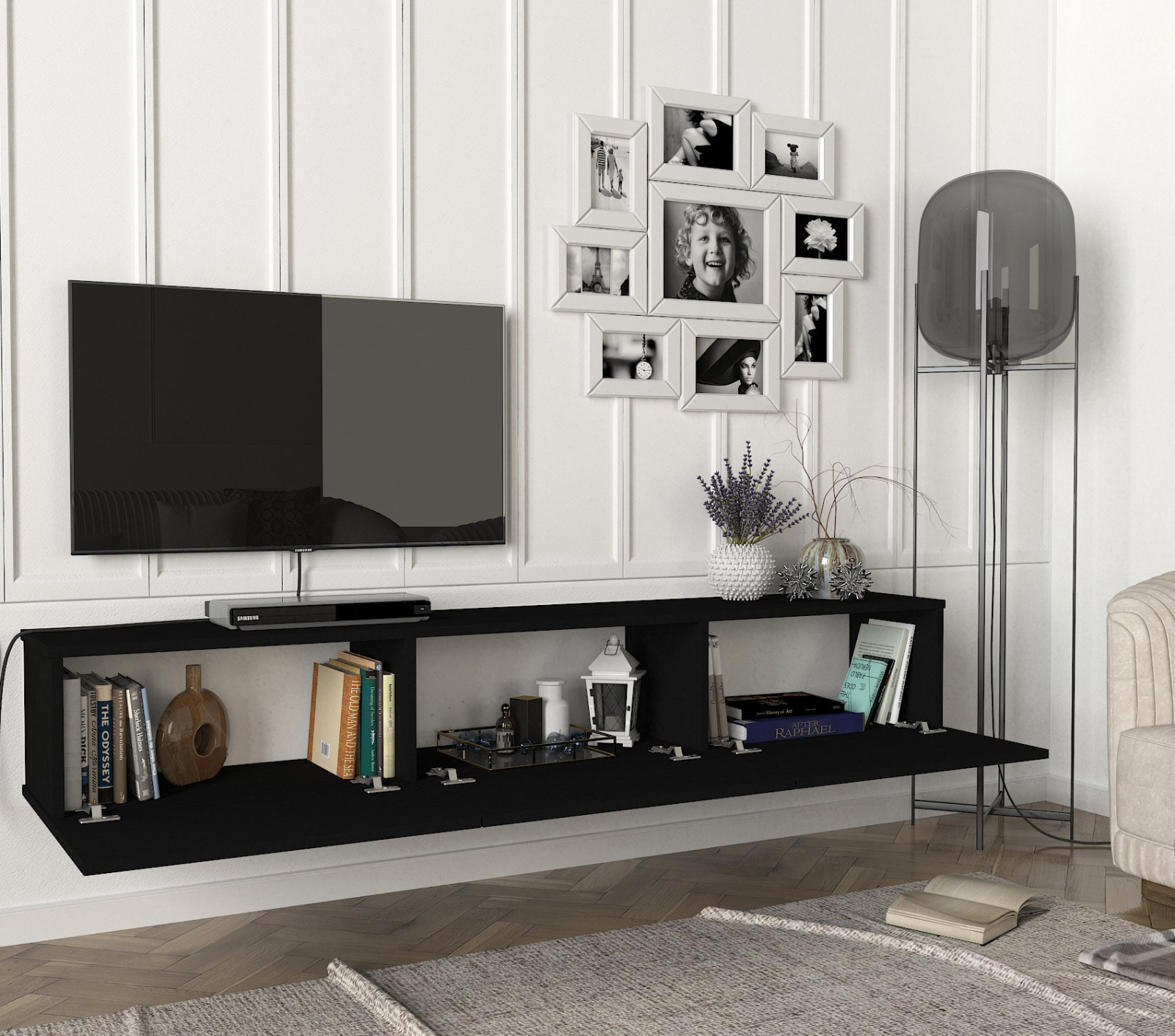 TV-Lowboard - schwarz - hängend - 180 cm